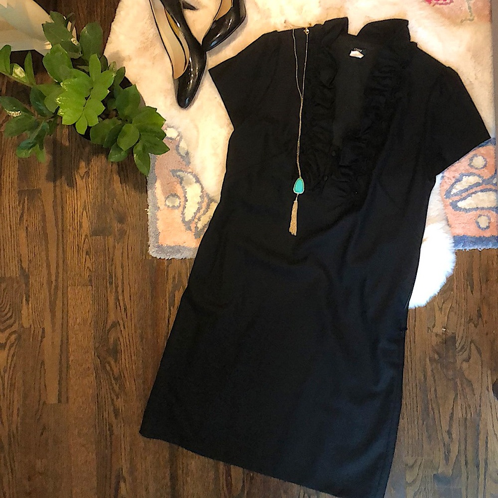 J. Crew Black Wool Ruffle Collar Dress w POCKETS